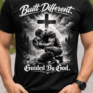 Black t-shirt on a white background featuring a Christian faith design with a cross and sunrise graphic and the words “With God I Rise” printed on the front.