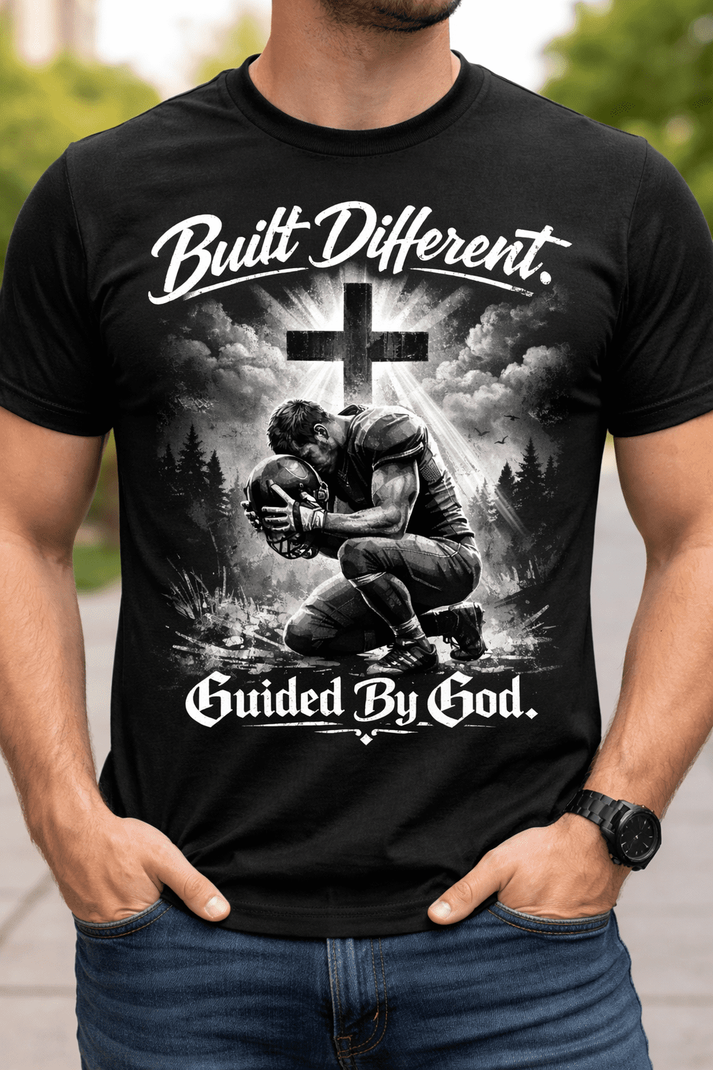 Black t-shirt on a white background featuring a Christian faith design with a cross and sunrise graphic and the words “With God I Rise” printed on the front.