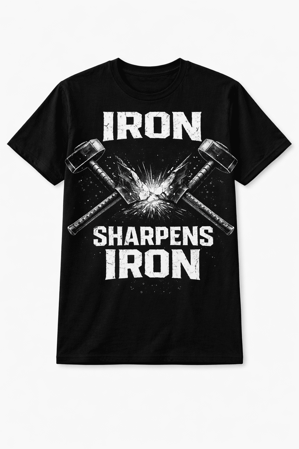 Black t-shirt on a white background featuring a bold “Iron Sharpens Iron” design with crossed sledgehammers and a distressed white graphic.
