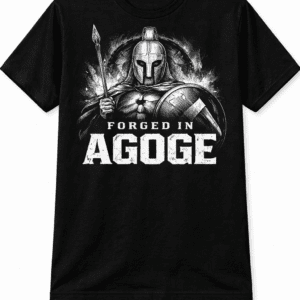 Black t-shirt featuring a Spartan warrior holding a spear and shield with the text “Forged in Agoge” in bold distressed white lettering.